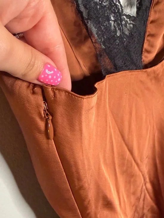 Abercrombie & Fitch Satin Lace-Trim Slip Dress in Bronze and Black - Picture 5 of 7